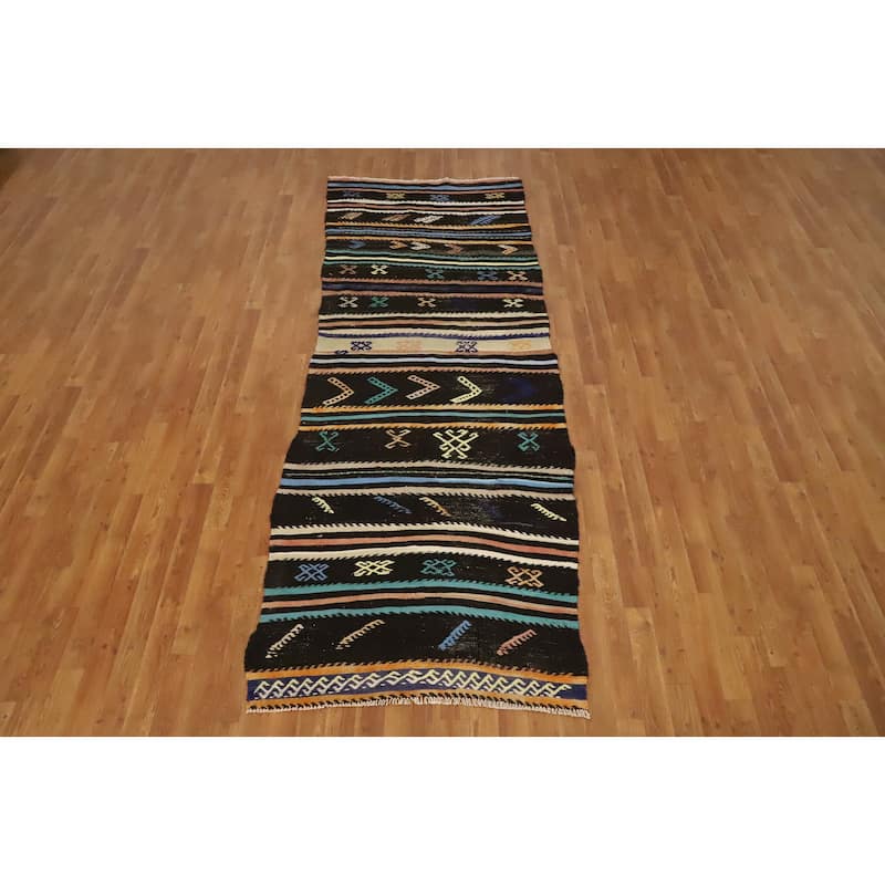 Hand Woven Oriental 100% Wool Carpet Southwestern Tribal Black Kilim Runner Rug - 9' 6'' X 3' 4''
