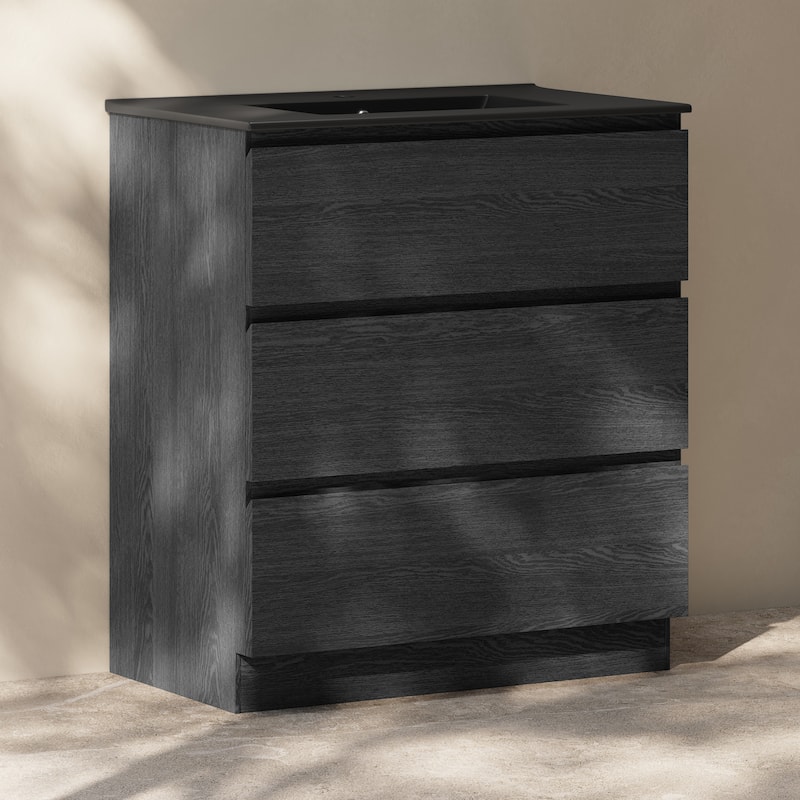 Liberte 30" Freestanding Bathroom Vanity In Black Oak With Black Sink Top - 30