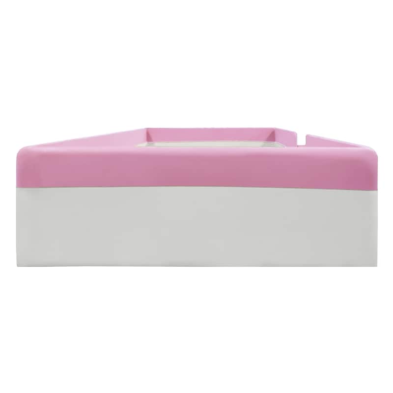 Twin Size Upholstered Daybed Frame with Fence and Stairs(Pink+White)