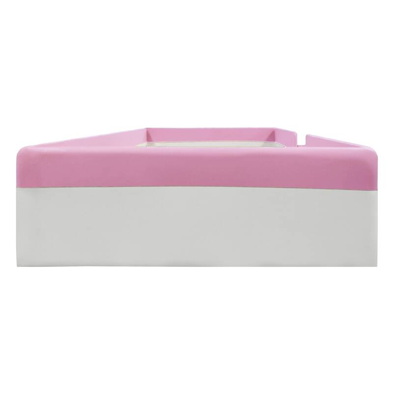 Twin Size Upholstered Daybed Frame with Fence and Stairs in Pink and White