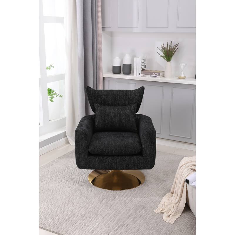 Black Modern 29.9" Upholstered 360° Swivel Accent Chair with Iron Base and Pillow