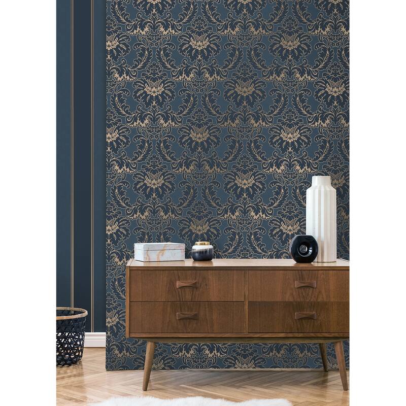 Brewster Windsor Blue Damask Wallpaper