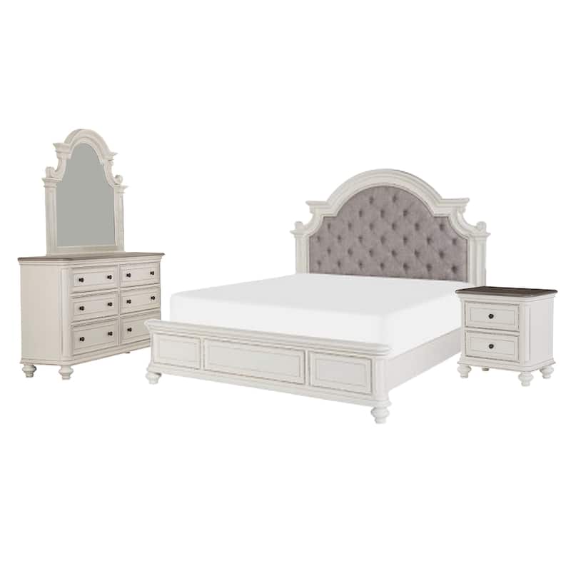 Anik 4 Pc Queen Size Bedroom Set, Button Tufted, Antique White, Traditional
