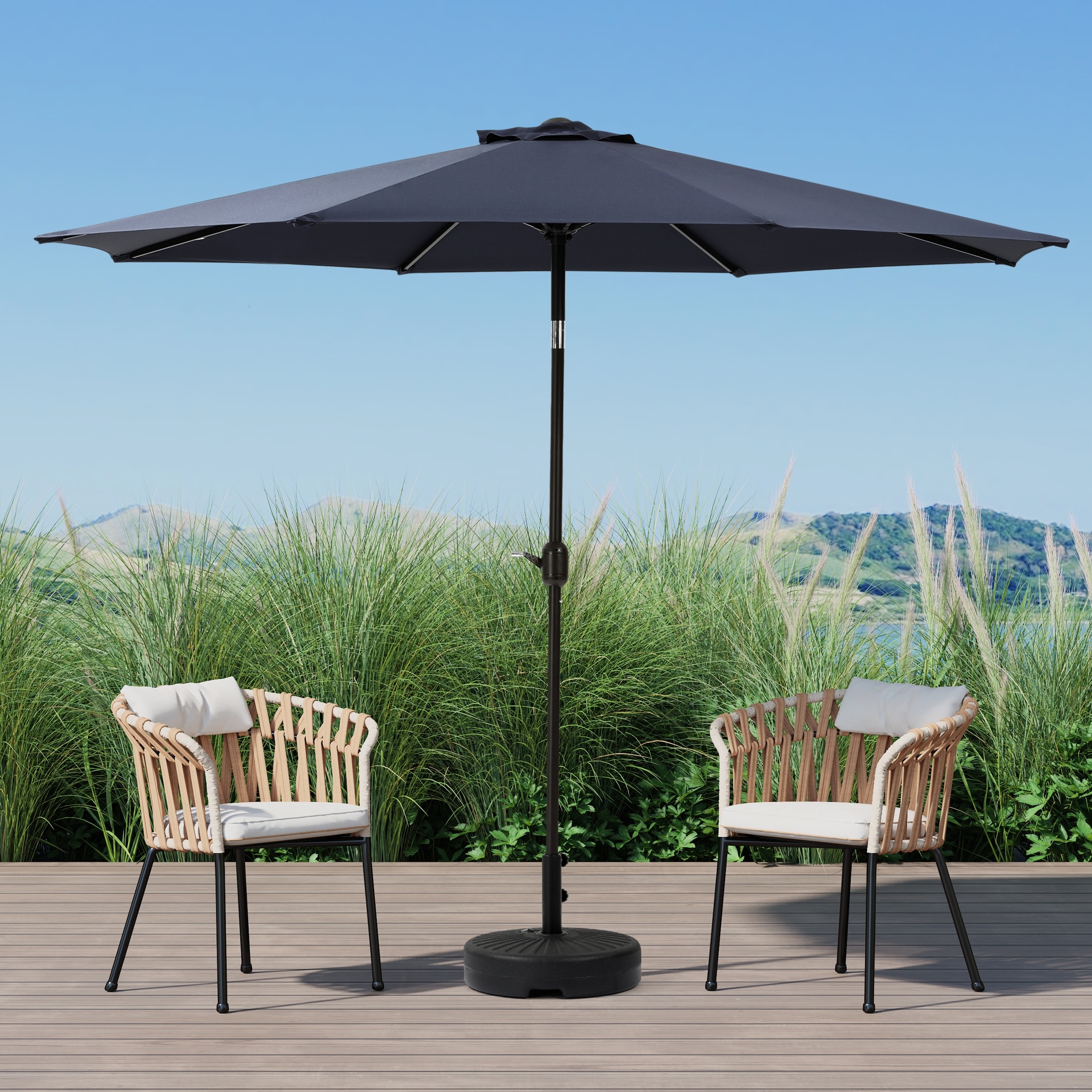 9' patio umbrella that cranks and tilts Backyard Expressions 9 ft with P ush Button Tilt,Apple Green free assembly With a fixing strap easy to secure the canopy when not in use Sturdy fixing latch prevents sudden closure during use Note California Umbrella 9' Casa Series