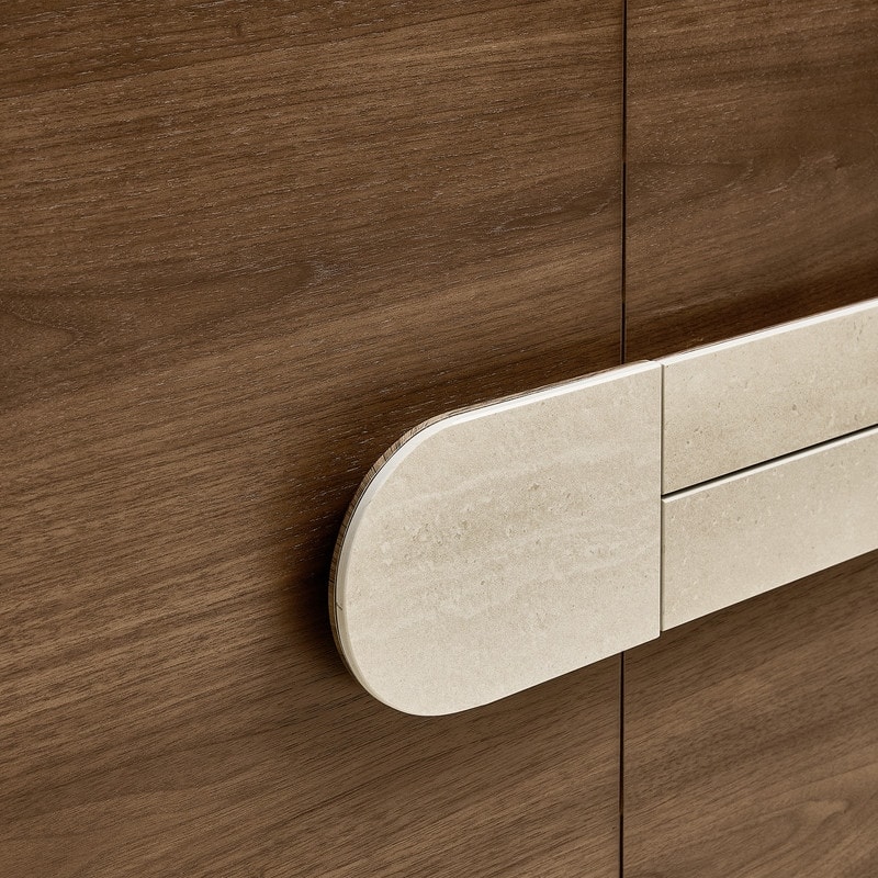 Spruce & Spring Modern Walnut Sideboard with Travertine Accent Handle, Minimalist Storage Console