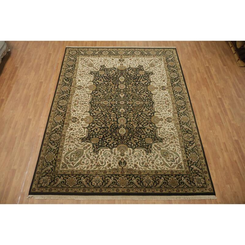 Hand Knotted Oriental 100% Wool Carpet Traditional Floral Black Agra Area Rug - 11' 11'' X 9' 2''