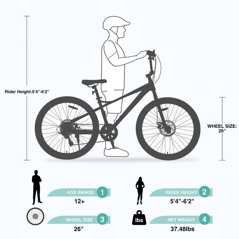 Road Cycling Bicycle, 7-Speed All-Terrain Bike with Double Disc Brakes 26 Inch Children Bicycle for Kids & Teens Age 12+ Years