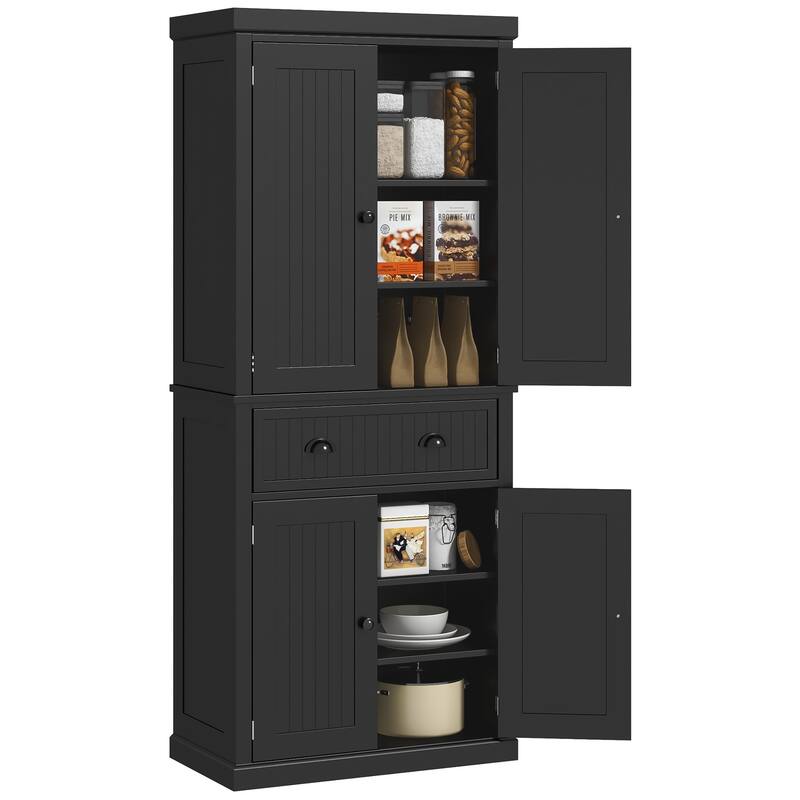 HOMCOM 72" Kitchen Pantry Cabinet, Freestanding Storage Cabinet with Drawer and 3 Adjustable Shelves for Dining Room, Black - Black