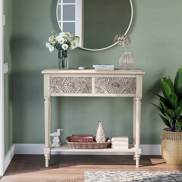slide 6 of 8, COSIEST Vintage Solid Wood 2-Drawers Console Sofa Table - 31.5"W x 12"D x 30"H Brown Pattern