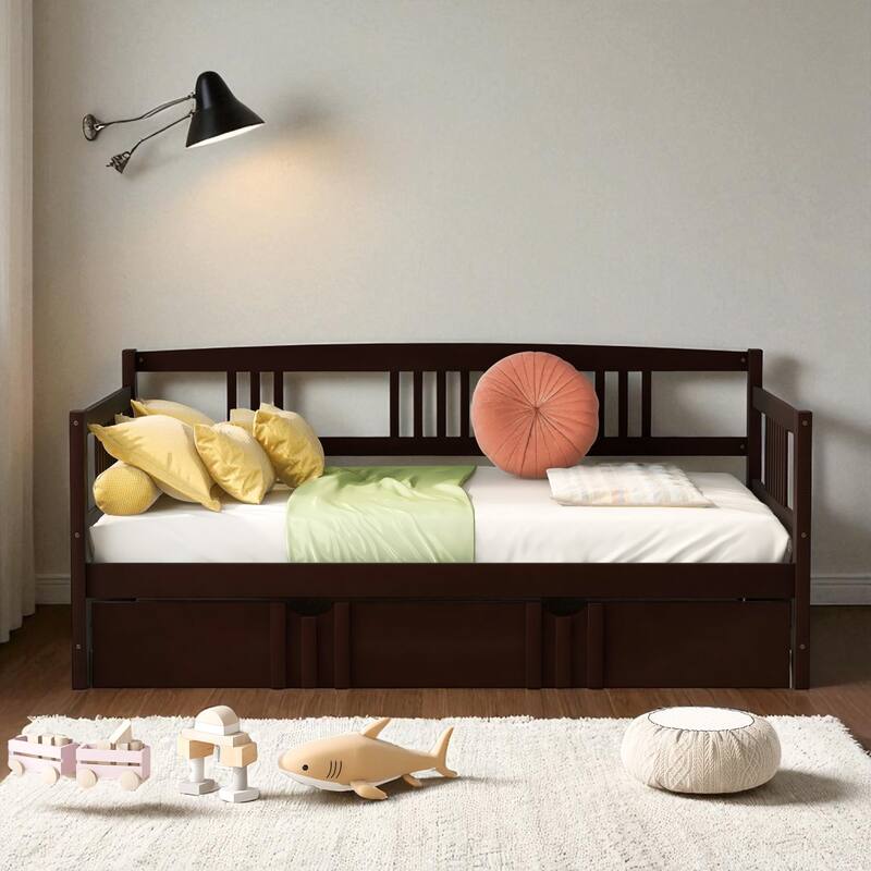 Twin/Full Size Wood Daybed with Twin Trundle, Sofa Bed Frame with Rails and Pull-Out Guest Bed