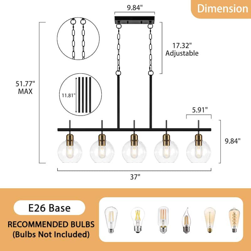 Starsky 5-Light Modern Kitchen Island Linear Pendant Light with Clear Globe Glass Shades