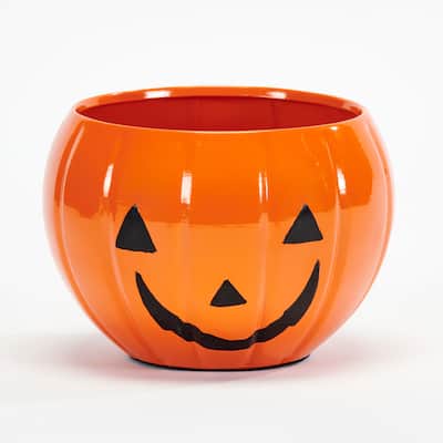 5" Metal Pumpkin Jack O Lantern Tabletop Container, Set of 2