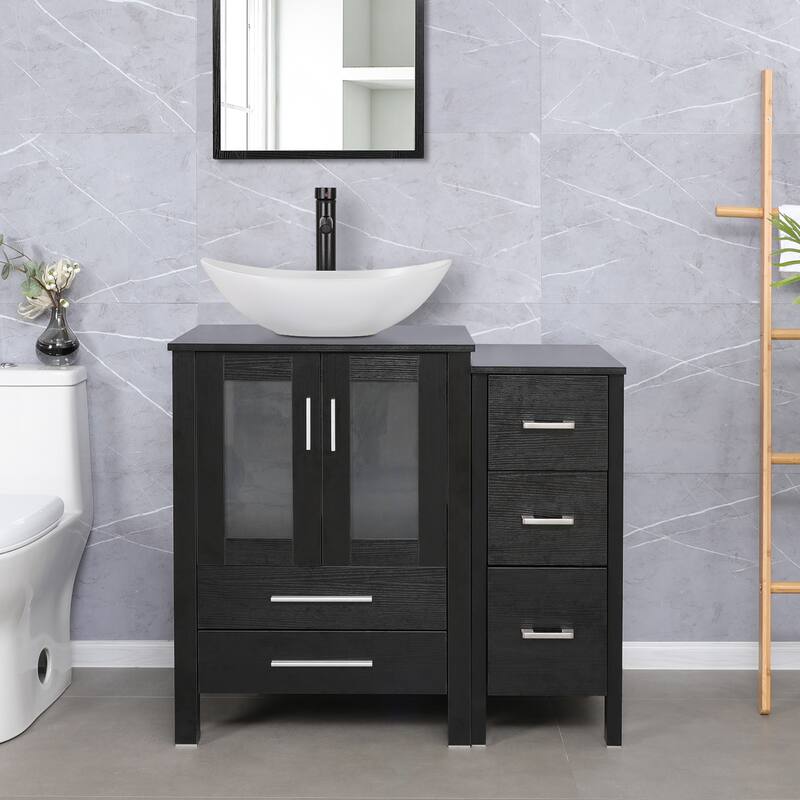 eclife 36" Bathroom Vanity Black Set with Side Cabinet Vessel Sink Faucet Combo - white ceramic boat sink
