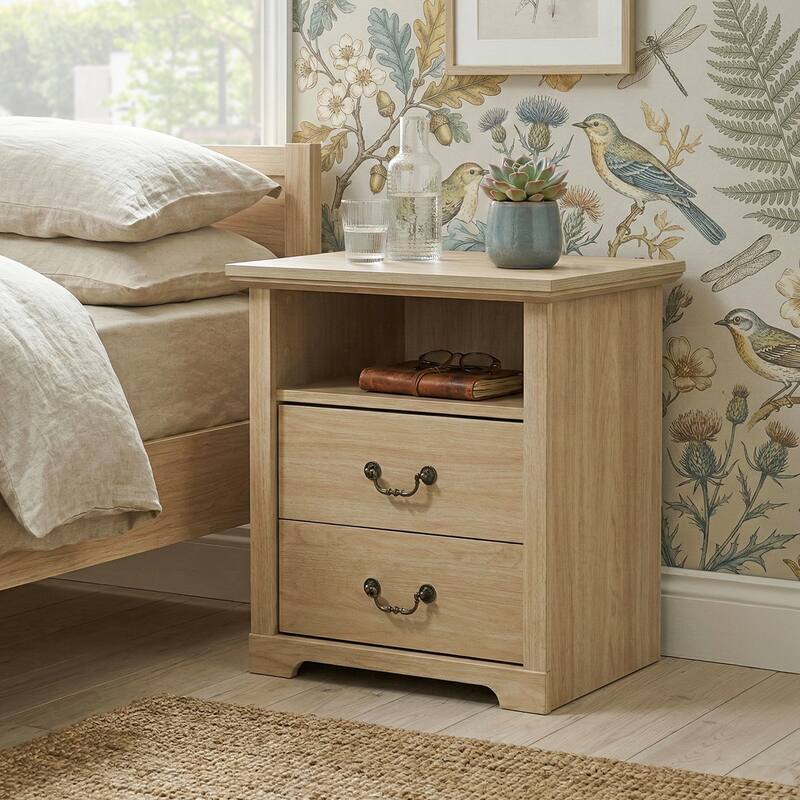 247 Shop At Home Marie 2-Drawer Nightstand with Open Storage Shelf - Distressed Oak