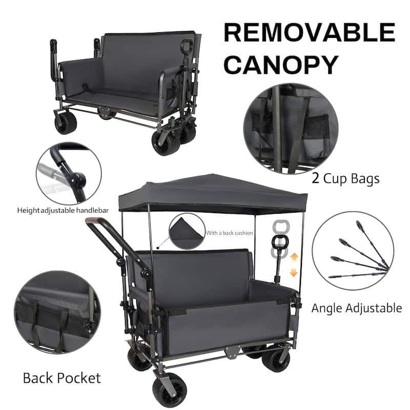 3-in-1 Folding Wagon Cart with Bench Seat & Canopy & Storage, 500lbs Heavy-Duty, 180L Capacity, All-Terrain Wagon