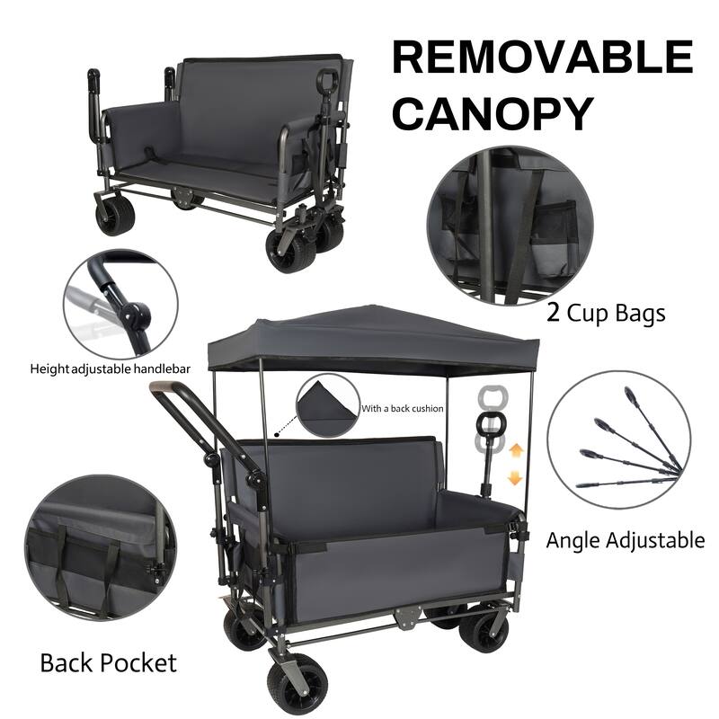 3-in-1 Folding Wagon with Bench Seat & Canopy - 500lb Heavy-Duty All-Terrain Cart, Gray