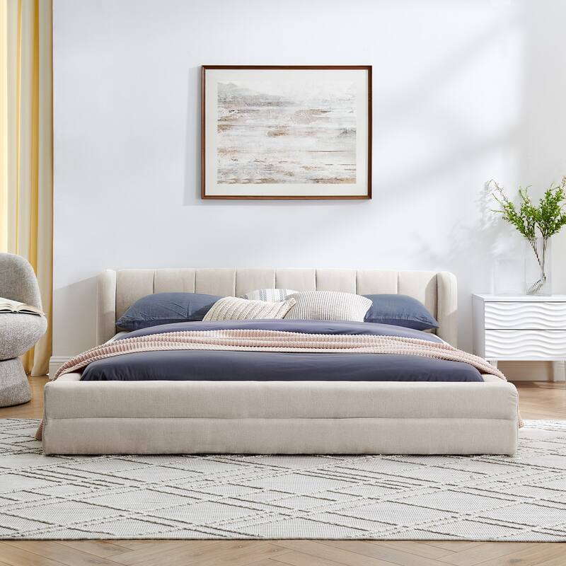 Queen Size Upholstered Bed Frame, Chenille Fabric Grounded Queen Size Platform Bed with Headboard and Solid Frame