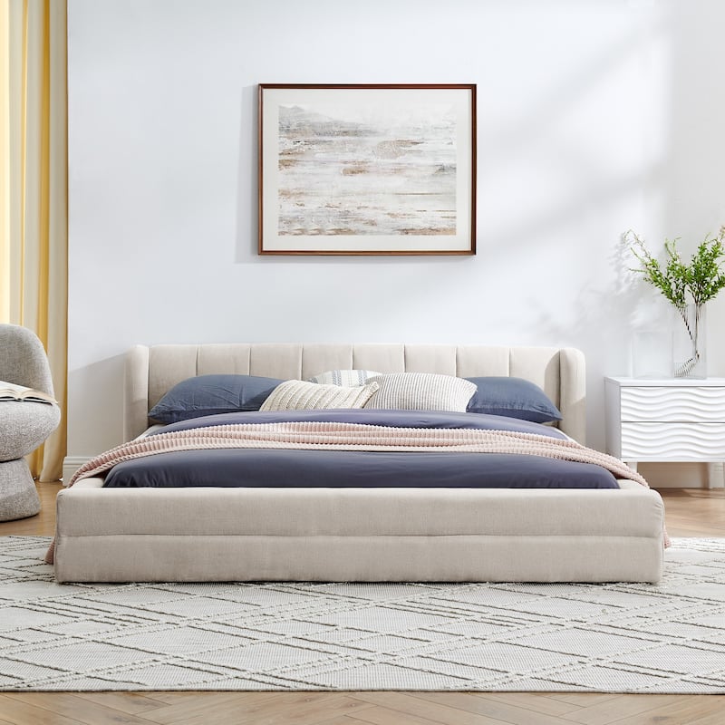 Queen Size Upholstered Bed Frame with Headboard & Solid Frame, Chenille Fabric Grounded Platform Bed - Dark Grey