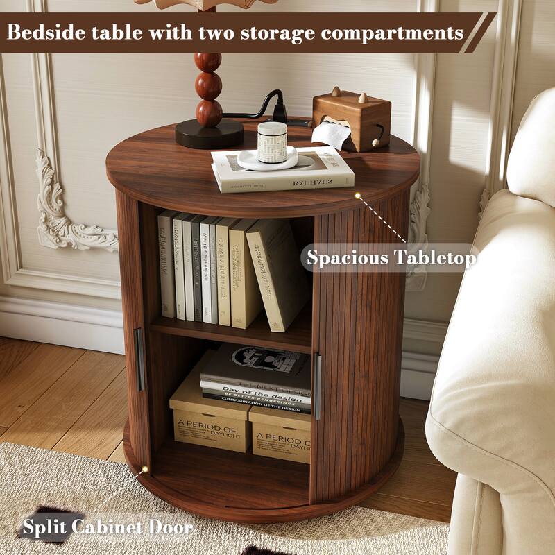 Roomfitters Round Nightstand with Charging Station, Mid Century Modern End Table with Sliding Door and USB, Walnut Finish