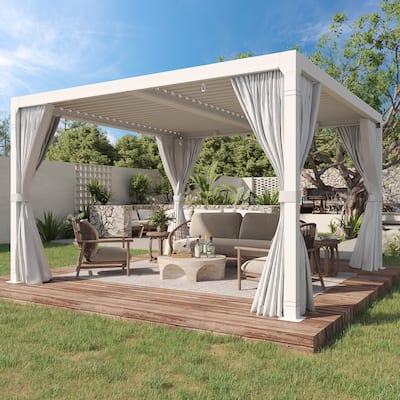 EROMMY 12x12 Adjustable Metal Roof Pergola with Curtains and Netting, Outdoor Hardtop Gazebo for Patio