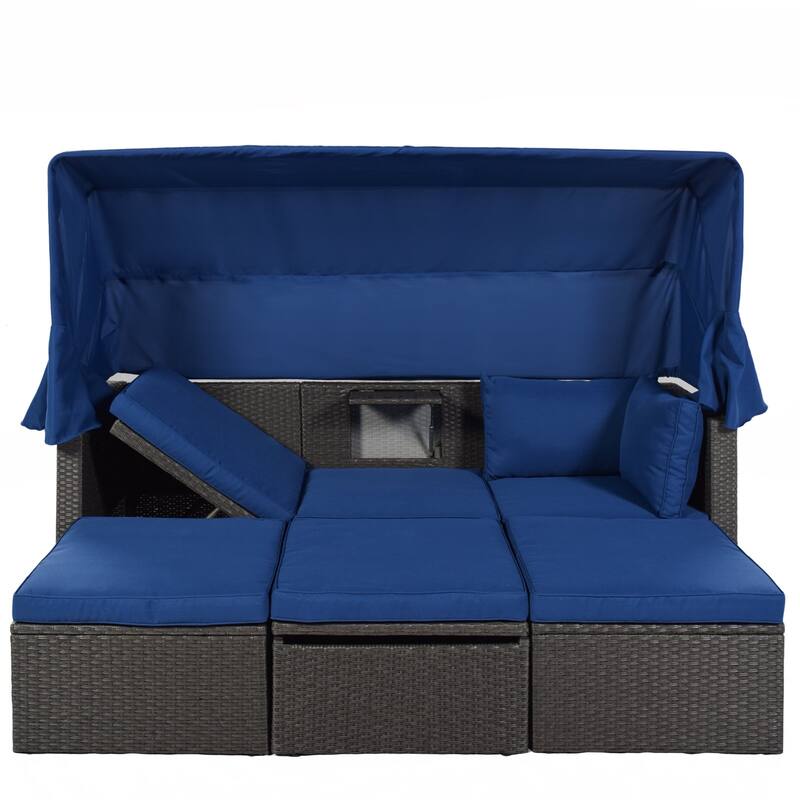 4-Piece Outdoor Wicker Sectional Patio Daybed with Canopy and Ottoman