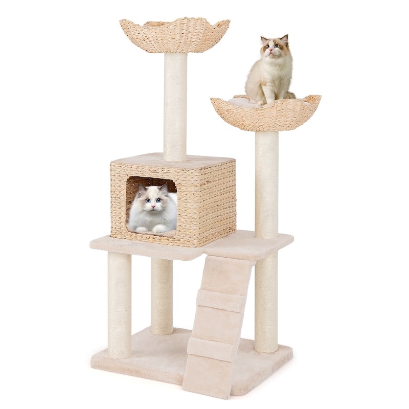48 Inch Cattail Cat Tower with Sisal Scratching Posts Perch and Condo - 24” x 19” x 48“(L x W x H)