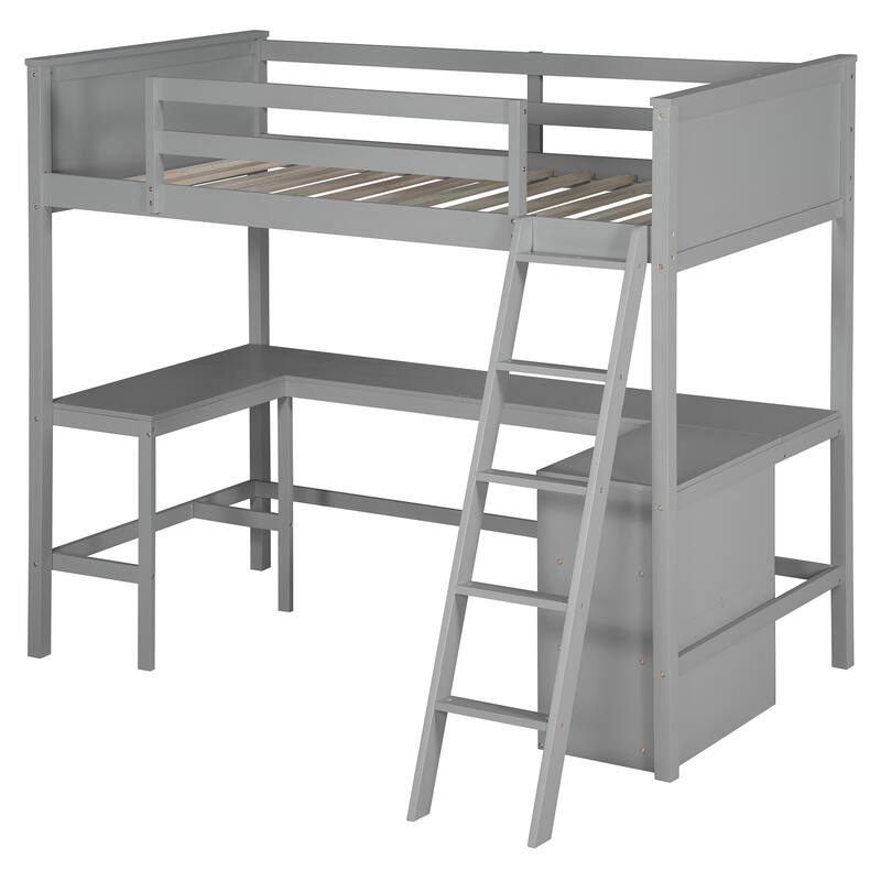 Twin Size Loft Bed with Shelves and Built-in Desk, Wooden Loft Bed with Ladder and Safety Guardrail for Student Boys Girls