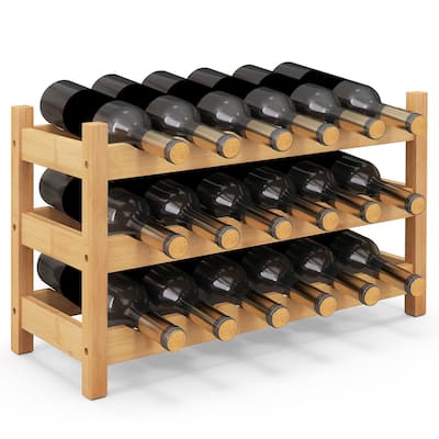 Gymax 3 Tier 18 Bottle Wine Storage Cabinet Shelf Bamboo Wine Rack for