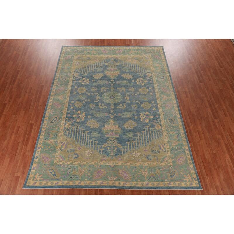 Hand Knotted Oriental 100% Wool Carpet Transitional Floral Navy Blue & Blues Oushak Area Rug - 11' 11'' X 8' 11''
