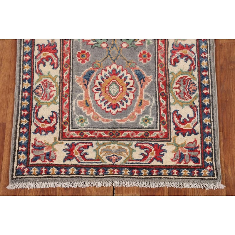 Traditional Kazak Runner Rug Hand-Knotted Grey Wool Carpet - 2'1" x 5'10"