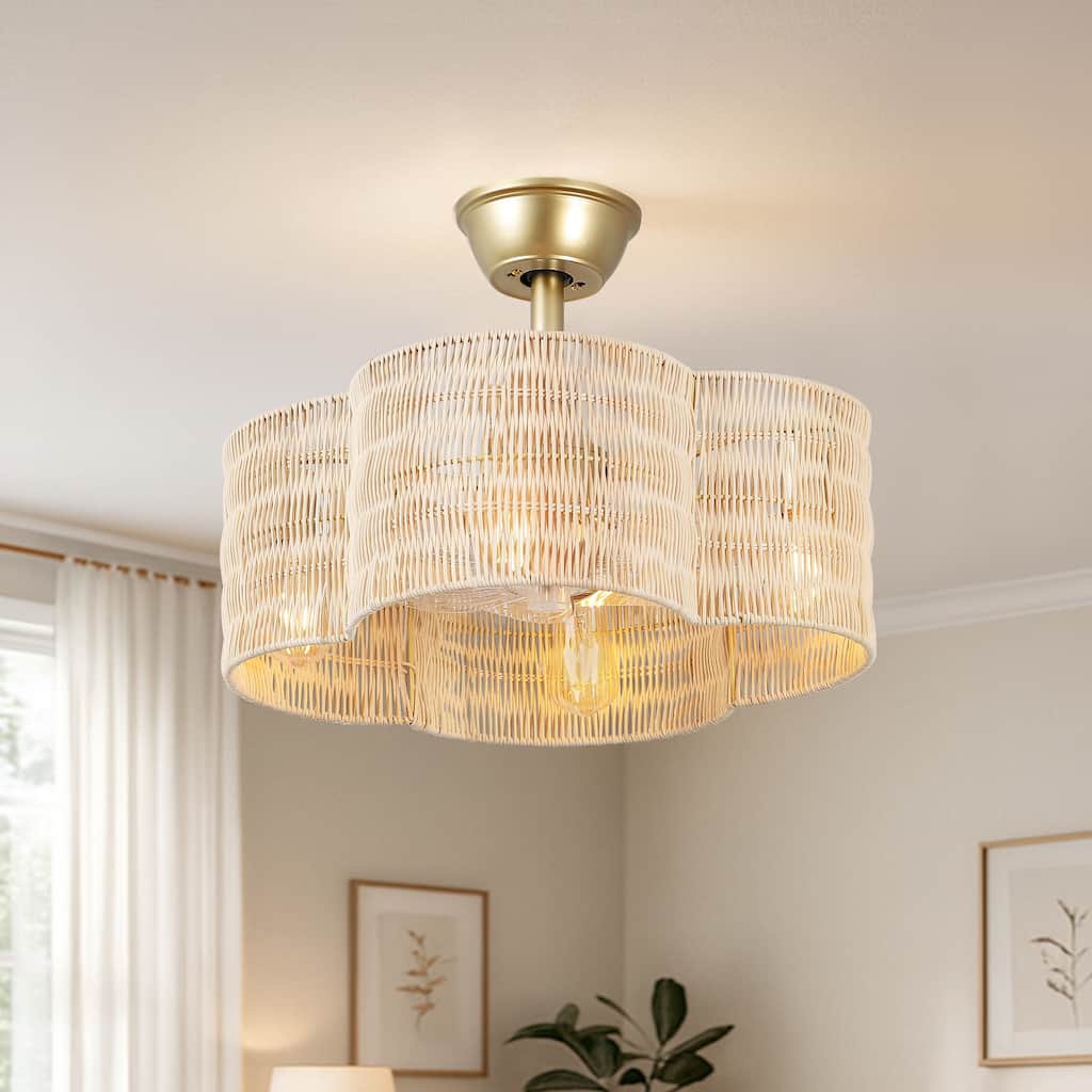 GetLedel 19.7" Scalloped Rattan Ceiling Fan with Remote and Light