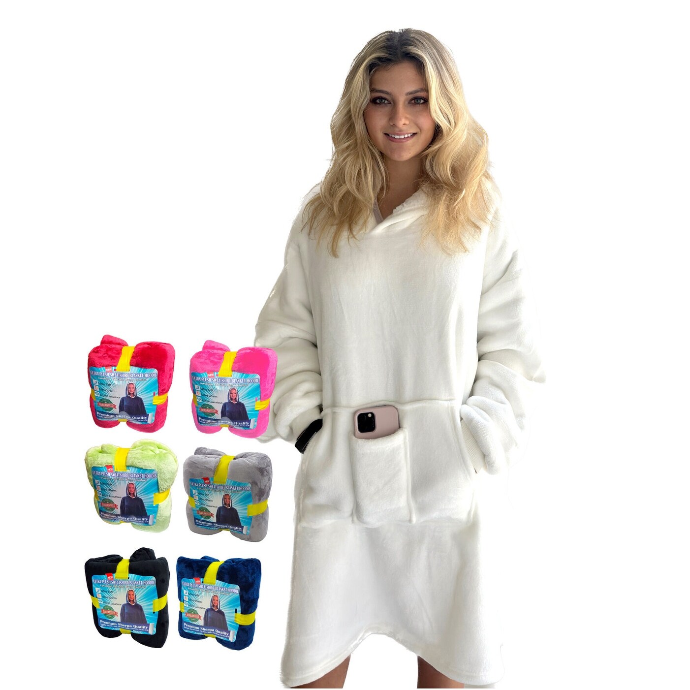 Wearable Hoodie Blanket Oversized Sherpa Fleece Sweatshirt In One TV Blanket White