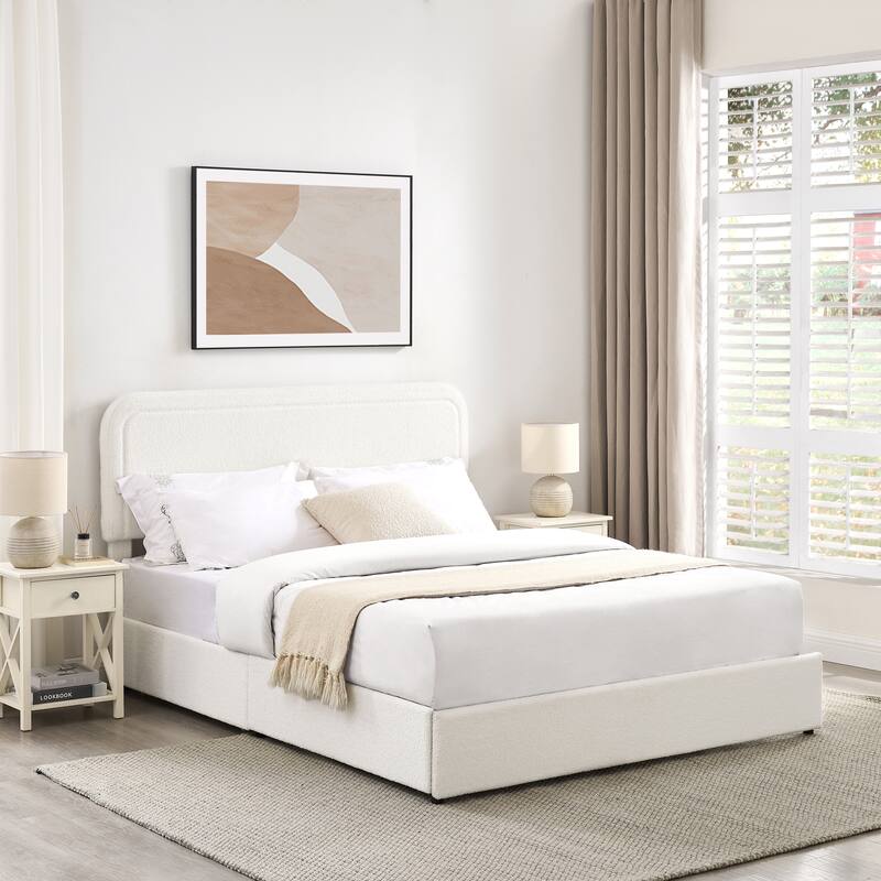 Queen Size Boucle Upholstered Platform Bed with 4-Drawer Storage and Tufted Headboard