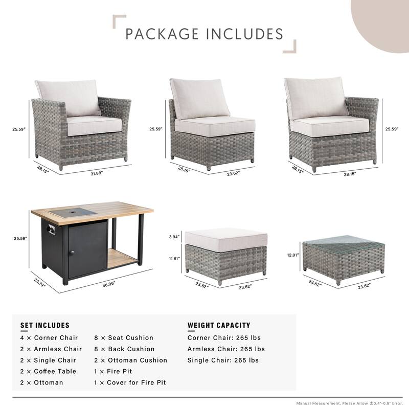 HOOOWOOO 13-piece Grey Wicker Rattan Patio Outdoor Sectional Set with Fire Pit