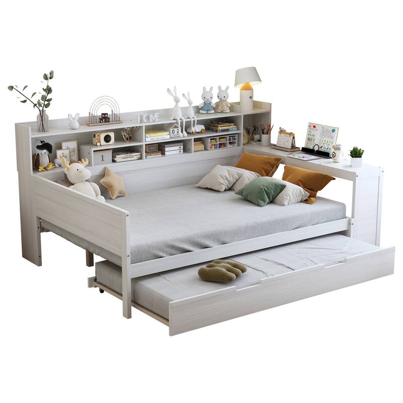 Wooden Full Size Daybed with Storage Shelves, Multi-functional Bed with Twin Size Trundle Bed and Study Desk, Antique White