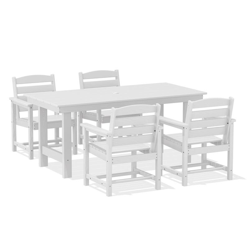 5-Piece HDPE Outdoor Dining Table Sets with Umbrella Hole - 1-Table 4-Chairs - White