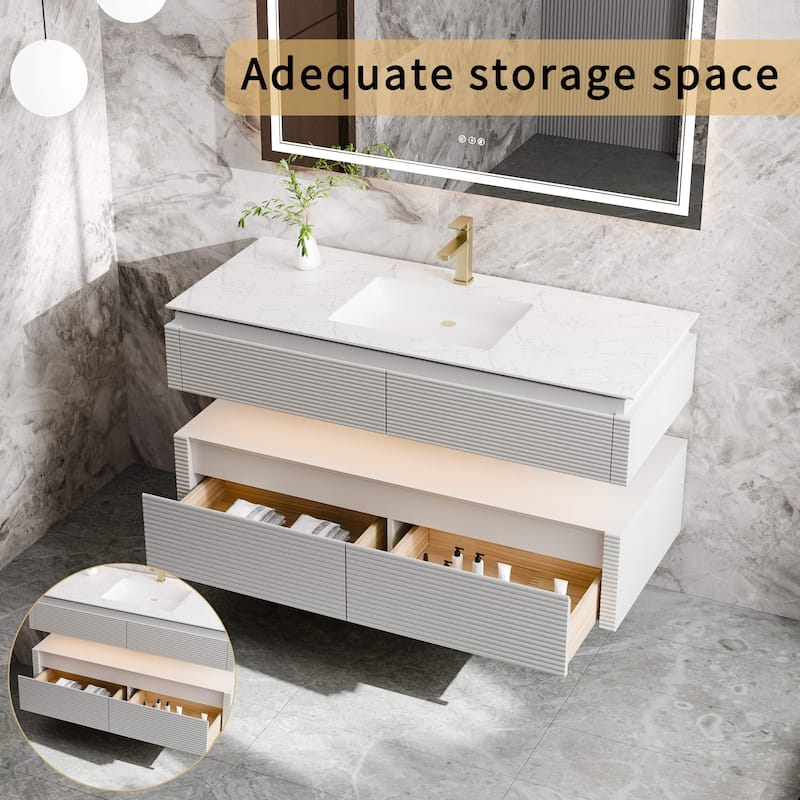 Modland 48" Modern Wall-Mounted Single Sink Bathroom Vanity with Engineered Stone Countertop,Soft-Close Drawers