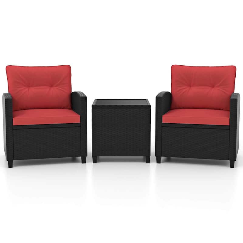 3 PCS Patio Furniture Set Rattan Conversation Set w/ Cushions & Table - Red