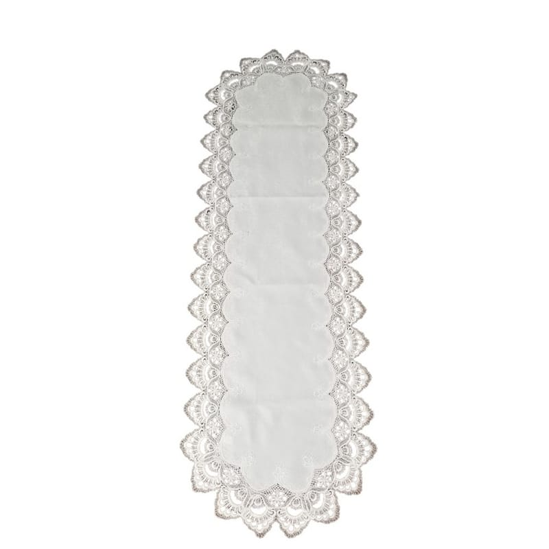 White Floral Lace Embroidered Cutwork Rectangular Table Runner, 17 by 53 inch Table Linen Decor, Water Resistance - 17 x 53"