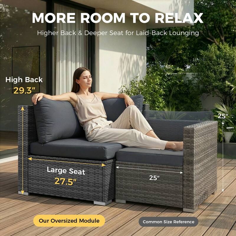 Outdoor Sectional Conversation Set PE Wicker with Double Chaise Lounge, 60,000 BTU Fire Pit Table