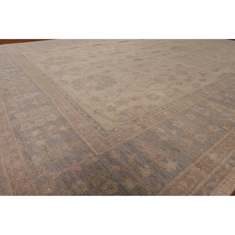 Vegetable Dye Oushak Turkish Area Rug Hand-Knotted Beige Wool Carpet - 9'1" x 11'5"