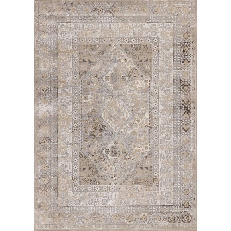 Cream Beige Grey Traditional Medallion Indoor Area Rug,