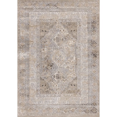 Cream Beige Grey Traditional Medallion Indoor Area Rug,