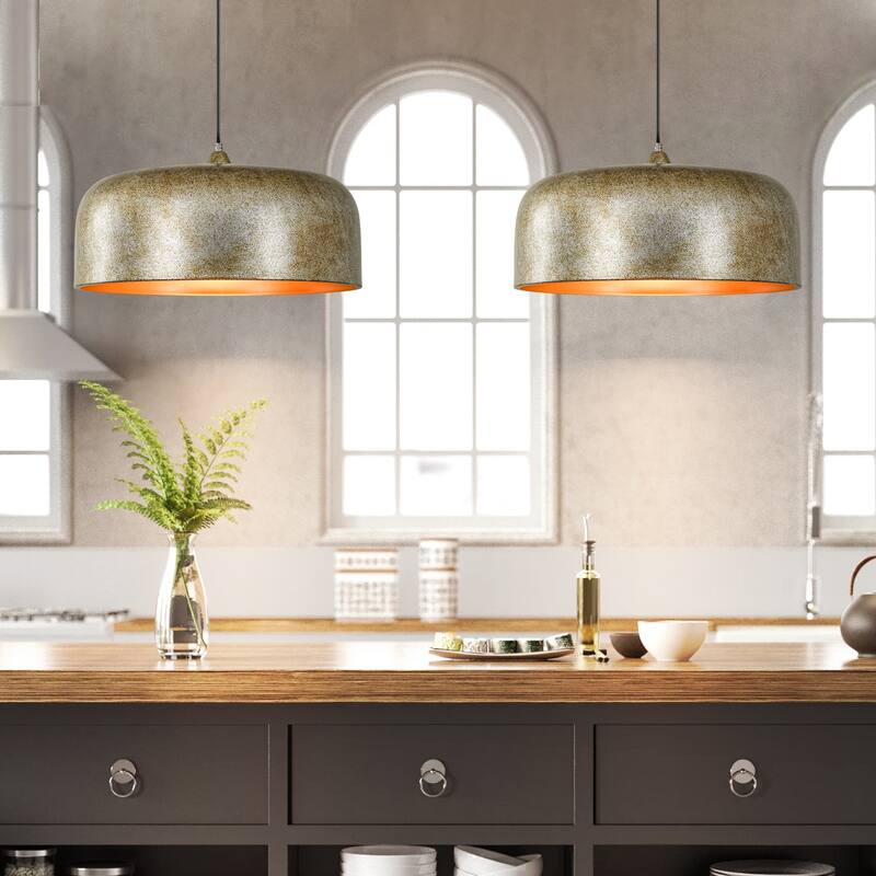 1-Light Industrial Antique Silver Drum Dome Kitchen Island Pendant Lights - 20.4 in. W x 10.6 in. H