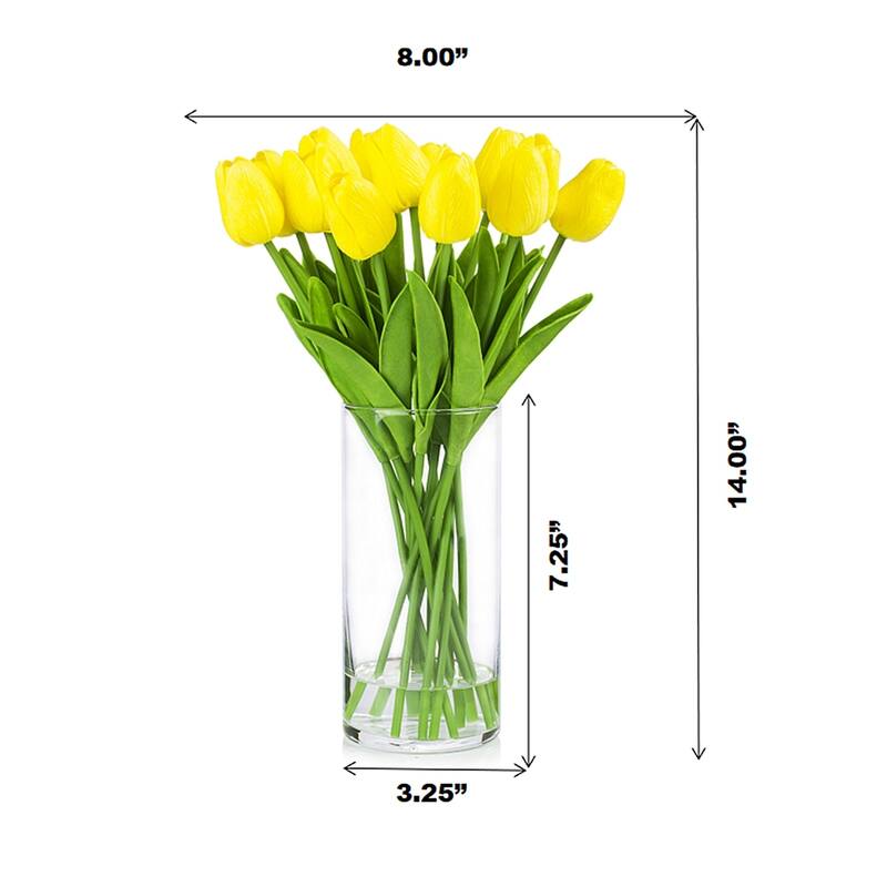Enova Home Artificial Real Touch Tulips Fake Silk Flowers Arrangement in Clear Glass Vase with Faux Water for Home Decoration