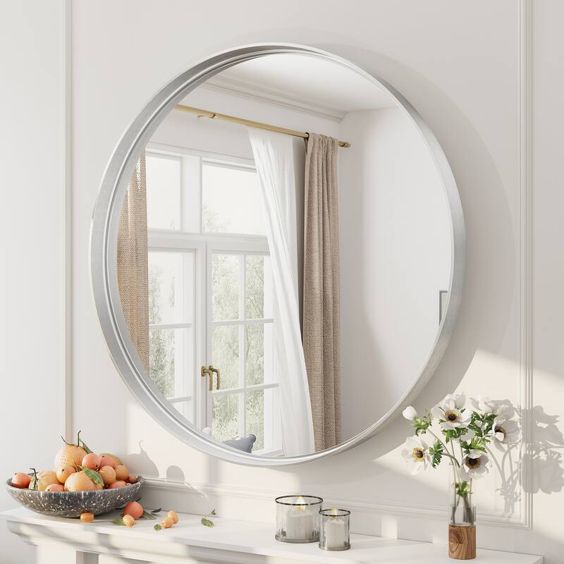 Round Tempered Glass and Metal Framed French Cleat Mounted Wall Bathroom / Vanity Mirror - 32" x 32" - Silver