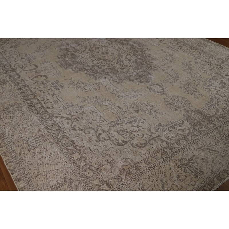 Tabriz Persian Vintage Area Rug Handmade Beige Wool Carpet - 9'4" x 12'10"