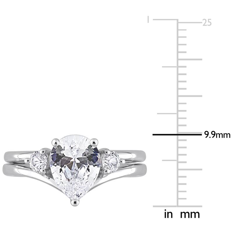 Miadora Pear-cut Created White Sapphire 3-Stone Teardrop Bridal Ring Set in 10k White Gold
