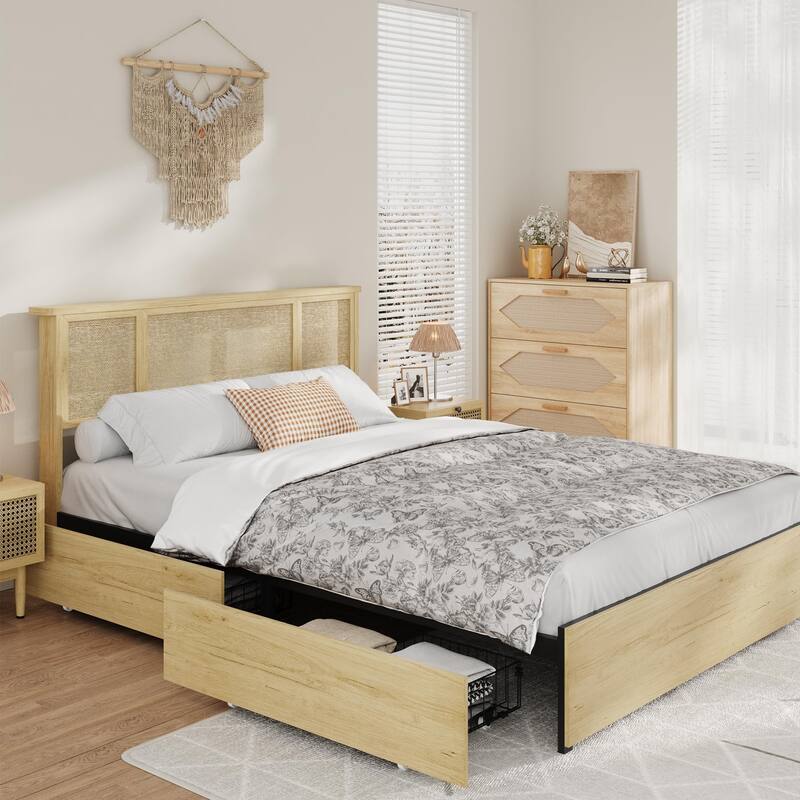 Boho Rattan Headboard Bed Frame with Under-Bed Storage, Sturdy Steel Base & Wooden Slats, No Box Spring Needed