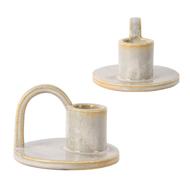 Set of Two Short Elise Ceramic Candlesticks in Vanilla